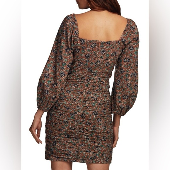 New Veronica Beard Nadi Puff Sleeve Minidress Sz 14 Floral Cinnamon Multi Ruche - Picture 2 of 13